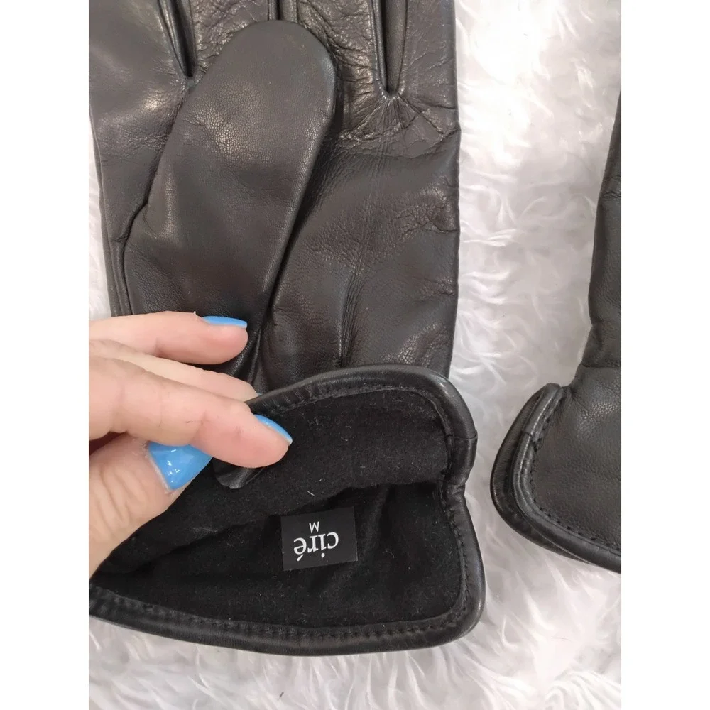 Cire Womens Black Leather Gloves Warm‎ Lined Elastic Wrist Size Medium